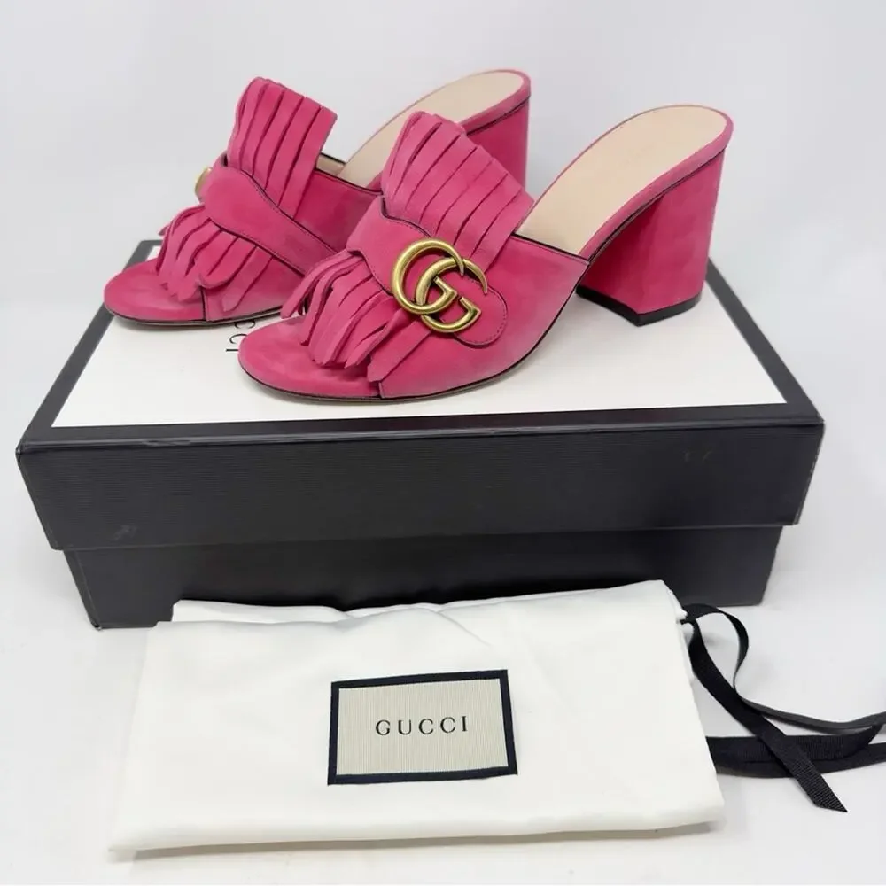 Gucci GG Marmont Pink Fringe Mule Sandals Block Heel Womens Size EU 38.5 - Picture 2 of 11